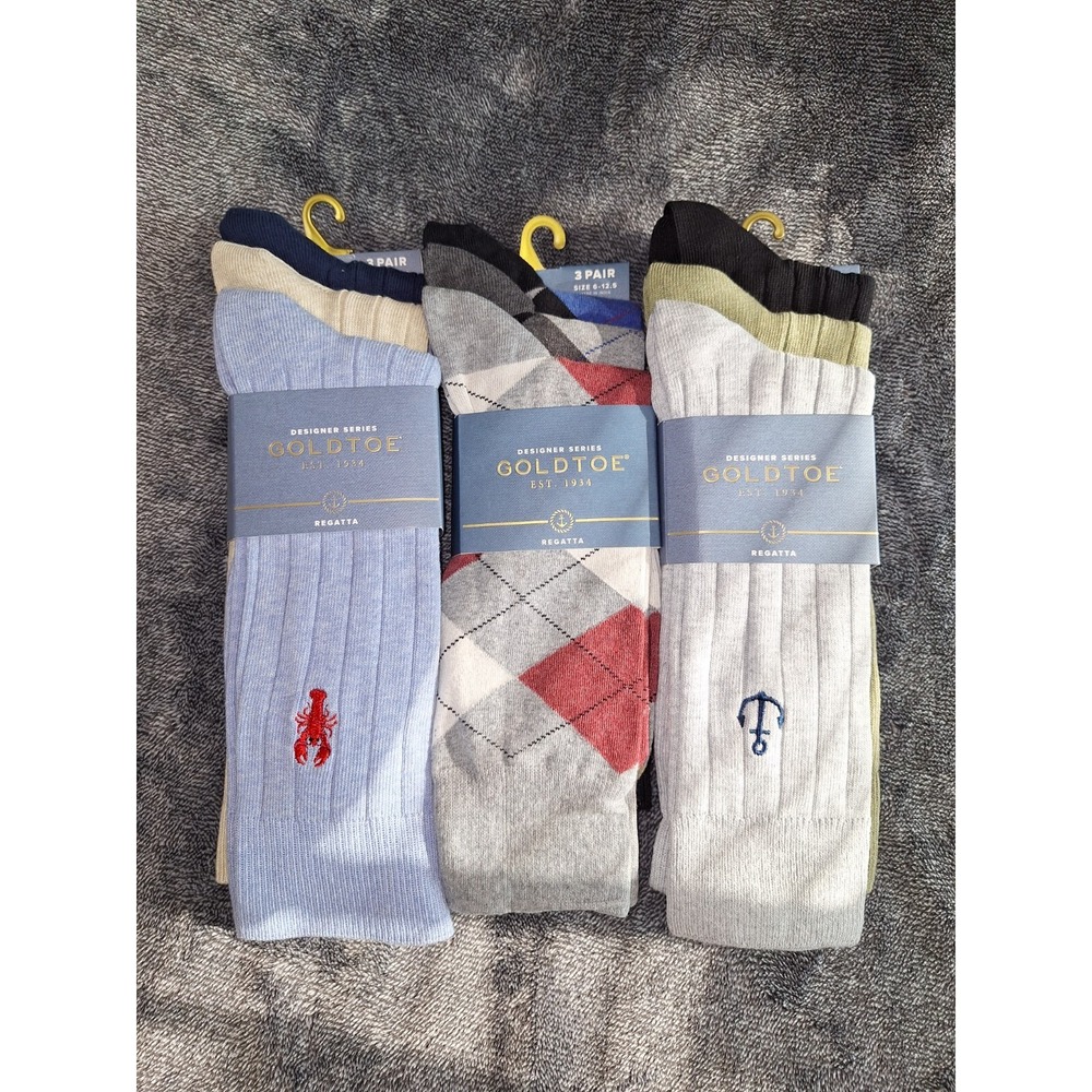 Gold Toe Designer Series Regatta 9 Pairs Argyle Novelty Socks Mens Size 6-12.5